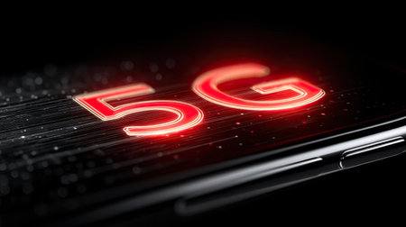 Close-up view of a modern smartphone displaying a glowing red 5G logo against a dark background. The image represents advanced wireless communication technology focused on speed and connectivity.の素材