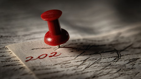 A vivid red push pin securely holds the number 202 on an aged piece of paper, showcasing a blend of texture and color that adds a vintage touch.の素材
