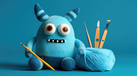 A cute plush blue monster sits alongside craft supplies on a vibrant blue background. Perfect for showcasing creativity in hands-on arts and hobbies.の素材