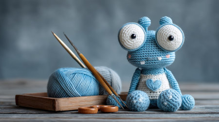 Delight in this charming handmade blue crochet monster toy, surrounded by yarn and crafting tools, perfect for adding warmth and creativity to any space.の素材