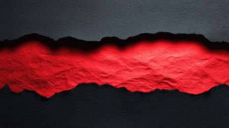 A stunning image depicting a tear of red paper on a black surface, showcasing vibrant colors and intricate textures, perfect for design and art applications.の素材