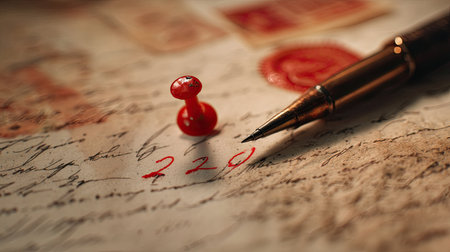 A close-up view of a vintage letter featuring a red pin and a fountain pen. The intricate details on aged paper create a nostalgic atmosphere, perfect for artistic projects.の素材