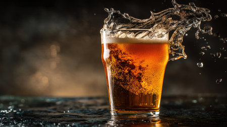 A captivating image of a glass filled with amber beer featuring a dynamic splash and frothy foam, perfect for evoking refreshment and celebration.の素材