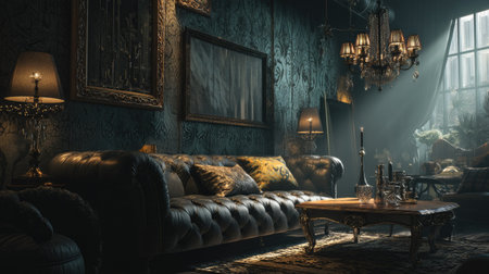 This captivating vintage living room features an elegant sofa, ornate decor, and a beautiful chandelier casting soft light, creating a serene and luxurious atmosphere.の素材