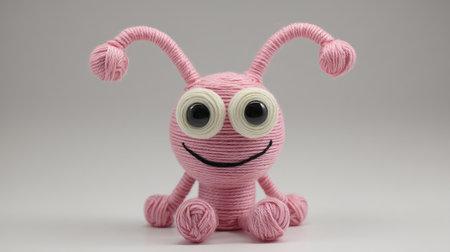 This cute pink yarn character features large eyes and a cheerful smile, perfect for capturing the essence of fun and creativity in artistic projects.の素材