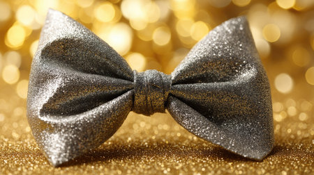 A stunning silver bow tie glimmers against a gold background, perfect for celebrations, parties, or festive events, evoking elegance and charm.の素材