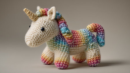 This charming crochet unicorn toy features a vibrant rainbow mane and a whimsical horn. Perfect for gifts, children's rooms, or playful decor.の素材