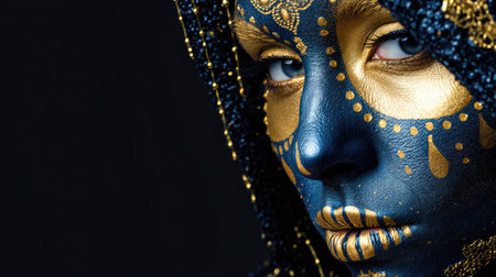 This striking close-up portrait features intricate face paint in blue and gold, highlighting unique artistry and emotion, perfect for beauty and fashion concepts.の素材