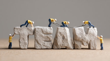 Miniature figures collaborate to build the word 'TEAM' from stone letters. This artistic representation symbolizes teamwork, effort, and unity in a creative context.の素材