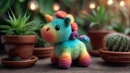 A vibrant crochet unicorn toy stands among potted plants, showcasing its colorful design and craftsmanship. Ideal for children's decor or as a unique gift.の素材