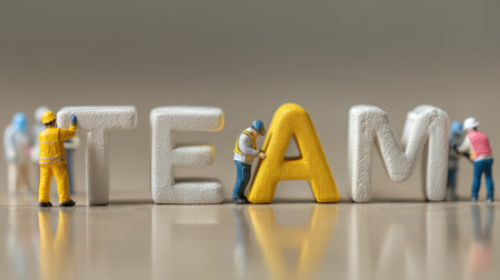 A creative depiction of teamwork, showing miniature figures collaborating on constructing the letters of "TEAM," symbolizing unity and collaboration in a project.の素材