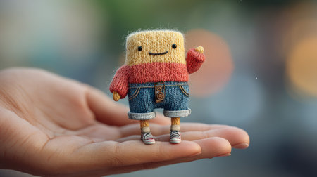 A charming handcrafted toy character with bright colors and a cheerful expression, held gently in a hand. Perfect for capturing creativity and joy.の素材