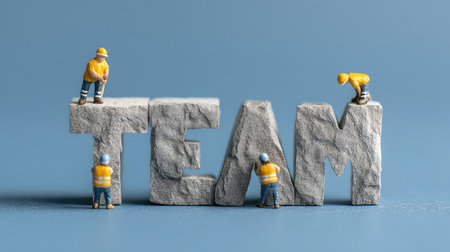 Miniature workers collaborate to construct the word "TEAM," symbolizing the essence of teamwork. This creative image illustrates unity and effort in a professional environment.の素材