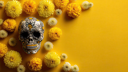 A beautifully designed skull surrounded by bright yellow chrysanthemum flowers creates a vibrant and festive atmosphere perfect for celebrations and cultural events.の素材