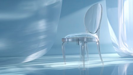 A striking transparent chair stands alone in a minimalist setting, illuminated by soft lighting and gentle shadows, creating an elegant and serene ambiance.の素材