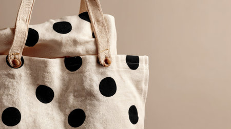 This stylish tote bag features a playful polka dot design on a soft beige background, perfect for daily use, shopping, or casual outings. A must-have accessory for fashion enthusiasts.の素材