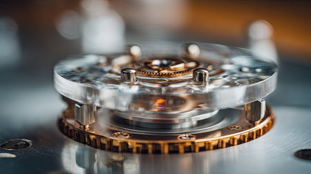 Close-up view of an intricate clockwork mechanism showcasing gears and springs with a transparent design, highlighting craftsmanship and precision in engineering.の素材
