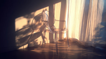 A transparent acrylic chair positioned in a sunlit room, casting intriguing shadows on the floor, embodying modern elegance and tranquility in interior design.の素材