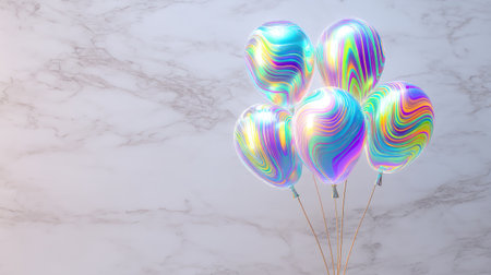 A stunning arrangement of colorful swirl balloons on a sleek marble background, perfect for adding a bold touch to any party or celebration, capturing joy and elegance.の素材