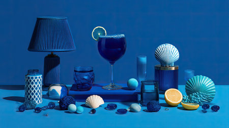 A captivating still life featuring a blue cocktail, decorative objects, and vibrant colors. This composition evokes freshness and creativity, perfect for artistic projects.の素材