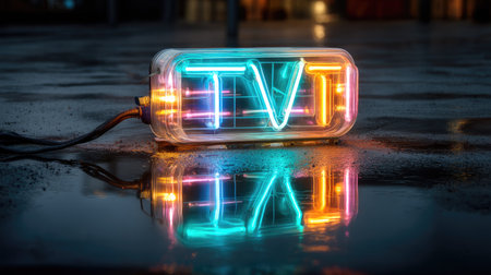 A vibrant neon sign shines brightly, reflecting on a wet surface at night. The glowing colors bring an urban aesthetic and creativity to any setting.の素材