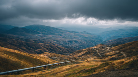 A breathtaking view of a mountainous landscape featuring a pipeline running through rolling hills under a dramatic sky, showcasing natureの素材