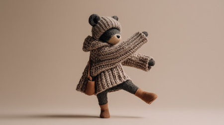 A charming bear doll dressed in cozy knitted winter apparel poses playfully against a soft background, showcasing the joy of childhood and creativity in design.の素材