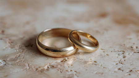 Discover the beauty and elegance of gold wedding rings resting on a marbled surface. This image captures the essence of commitment, love, and timeless romance.の素材