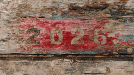 Close-up of a weathered wood surface featuring the painted numbers 2026 in red and blue. Highlights the rustic charm and textured details, perfect for design use.の素材