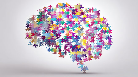 This vibrant image depicts a human brain composed of colorful puzzle pieces, symbolizing creativity, intelligence, and the interconnectedness of thoughts and ideas.の素材