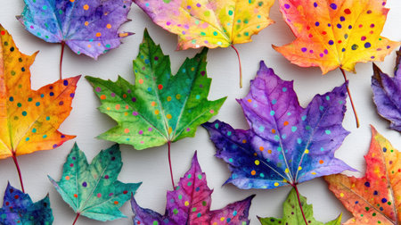 A vibrant collection of painted leaves featuring colorful dots. This artistic representation showcases the beauty of nature with a playful twist, perfect for seasonal decor or creative projects.の素材