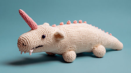 This delightful handcrafted crochet creature features a charming pink horn and soft texture, perfect for children or as decorative art for a playful space.の素材
