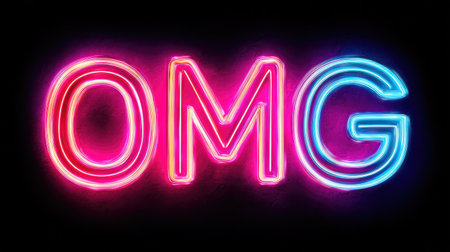 Bright neon sign depicting the words "OMG" in vibrant colors against a dark backdrop. Captures excitement and creativity, perfect for energetic themes.の素材