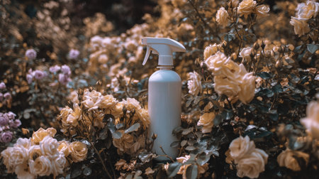 A solitary spray bottle stands prominently amidst blooming roses in a serene garden, capturing the essence of nature and gardening care.の素材