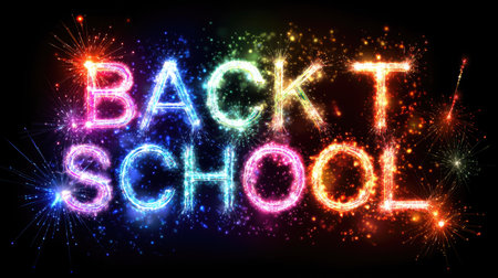 Vibrant and colorful back to school text illuminated with sparkles and fireworks, perfect for educational promotions, events, or festive announcements.の素材