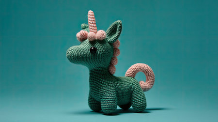 This charming crochet unicorn toy features a unique green body with a pink mane, perfect for play or decoration, capturing the essence of whimsy and joy.の素材