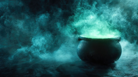 An enchanting cauldron sits amidst swirling smoke, emanating a vibrant green liquid. Perfect for themes of fantasy, mystery, and magic, this atmospheric image captivates the imagination and evokes a sense of the supernatural.の素材