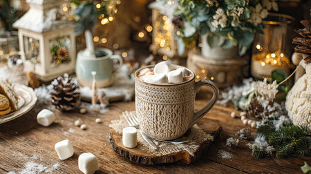 A cozy scene featuring a mug of hot chocolate filled with marshmallows on a rustic wooden table, evoking warmth and festive spirit during winter holidays.の素材