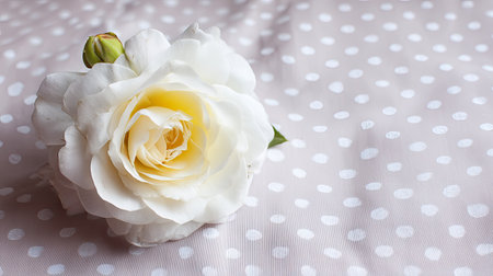 A beautiful white rose gently rests on a soft polka dot fabric, capturing the essence of elegance and simplicity. Ideal for romantic themes or floral arrangements.の素材
