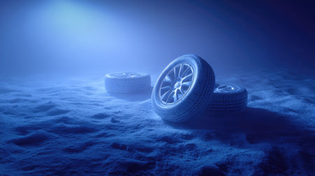 A striking image of car tires in a foggy atmosphere, illuminated by soft blue light. This creative composition evokes feelings of mystery and technology, perfect for automotive topics.の素材