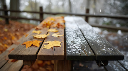 A beautifully captured scene showing autumn leaves scattered on a wooden bench next to patches of fresh snow, showcasing the transition between seasons in nature.の素材