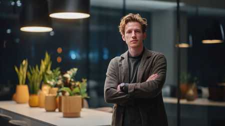 A young male professional stands confidently in a modern office setting. Surrounded by plants and warm lighting, he embodies a stylish and productive work environment.の素材