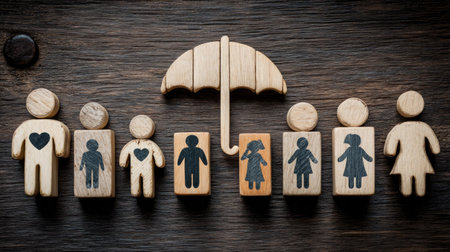 This artistic representation features wooden figurines under an umbrella, symbolizing family diversity and protection in relationships. A unique visual concept.の素材
