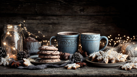 A cozy winter scene featuring delicious cookies, steaming hot chocolate, and festive decor. Perfect for evoking warmth, comfort, and holiday cheer.の素材