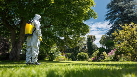 A pest control expert in protective gear applies treatment to a lush garden, showcasing commitment to maintaining a healthy and vibrant landscape.の素材