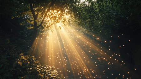 Beautiful sunlight streams through lush trees, creating a serene and enchanting atmosphere. The magical rays illuminate the forest, evoking tranquility and adventure.の素材