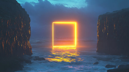 A serene twilight scene featuring a glowing neon frame emerging from ocean waters, surrounded by rocky cliffs, creating a dreamlike atmosphere.の素材