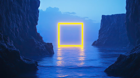 A captivating ocean scene featuring a glowing orange square frame surrounded by misty rocks. This surreal and atmospheric landscape evokes mystery and tranquility.の素材