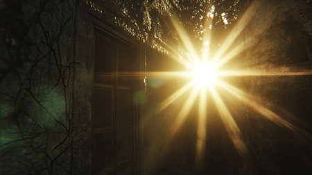 A serene image capturing sunlight filtering through trees in a narrow alleyway of an abandoned urban setting, creating an enchanting atmosphere.の素材