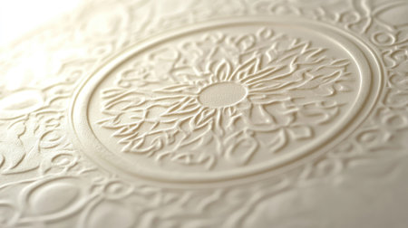 This image features an intricate relief pattern on a textured paper surface, bathed in soft light. The elegant design offers a minimalist aesthetic, perfect for various creative projects.の素材
